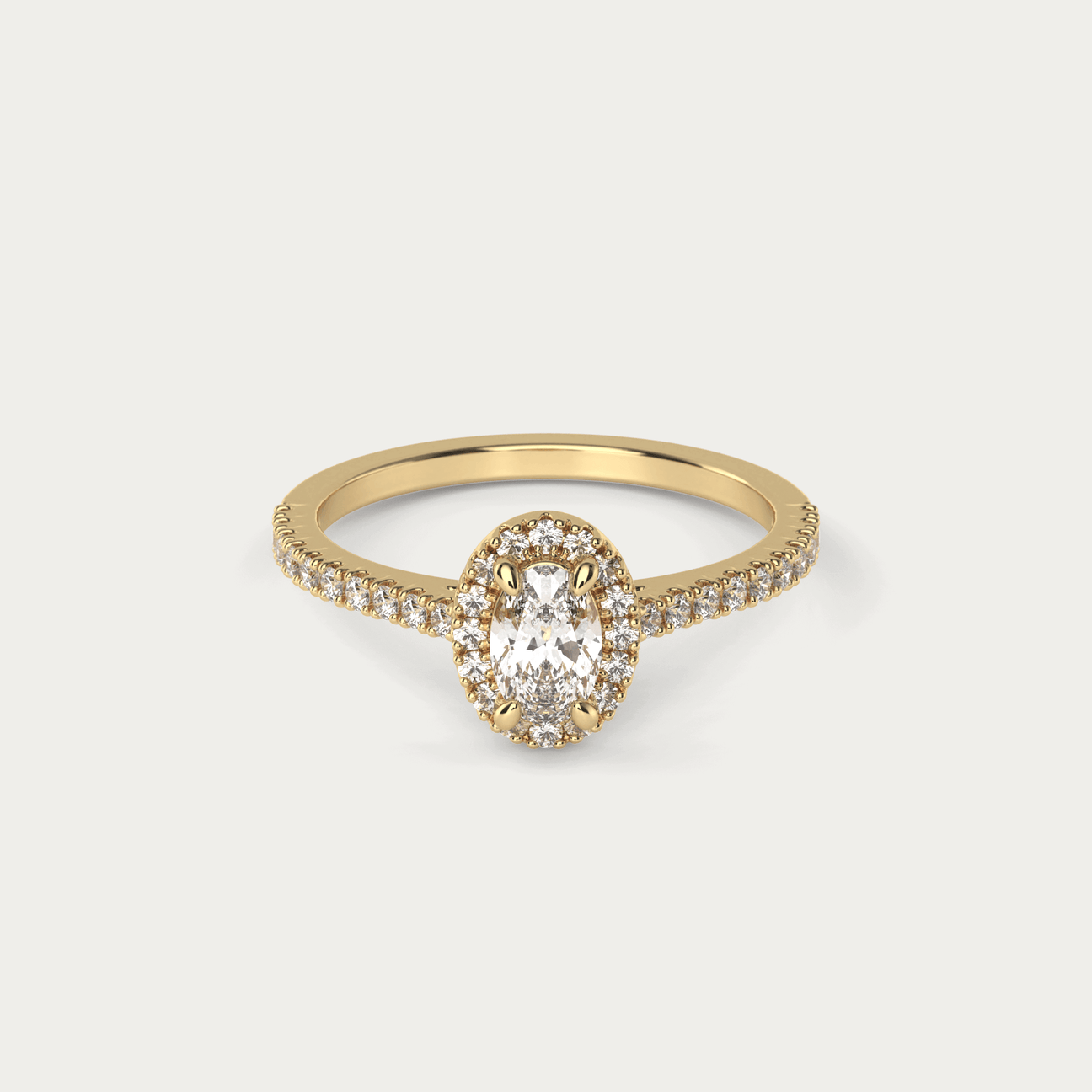 Ring med oval diamant og halo i 18 karat guld og GIA certifikat